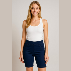 NWT HUE Game Changing Denim Bermuda Shorts Knit Denim Stretchy Comfy! Small S